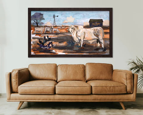 Brahman cow on a ranch original paper collage artwork. Texas scene by Dolan Geiman.