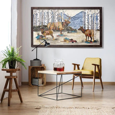 Trio of elk in aspen trees original paper collage