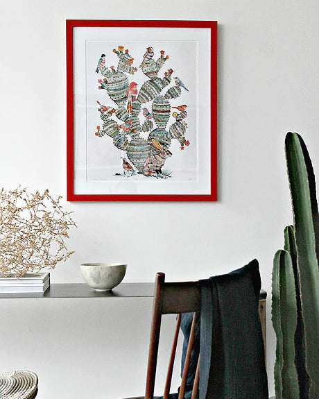 Prickly cactus with jackrabbit and birds art print in bright frame