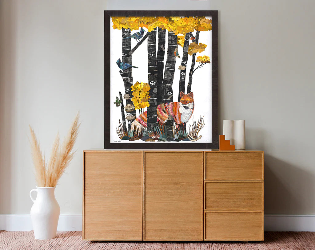 Paper collage of fox in autumn aspens in wooden frame