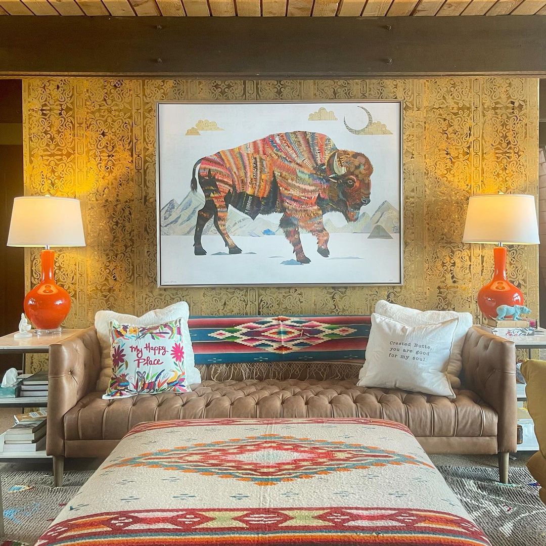 Paper art print of bison in bright colors from original paper collage by Dolan Geiman