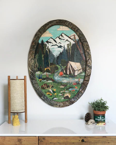 Oval collage of mountain camping scene with tent and pine trees