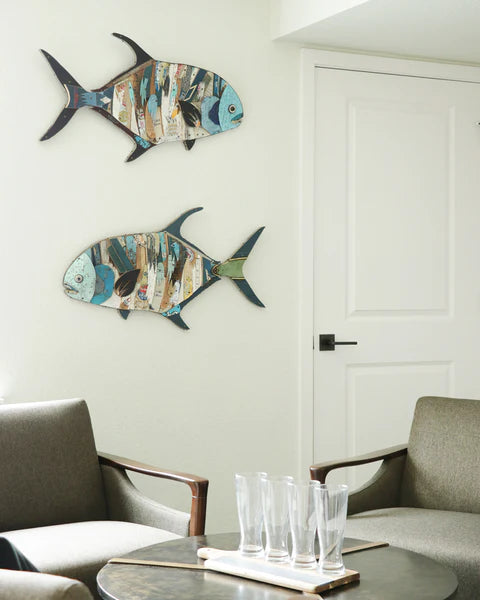 Permit fish metal wall sculptures in blue and green tones