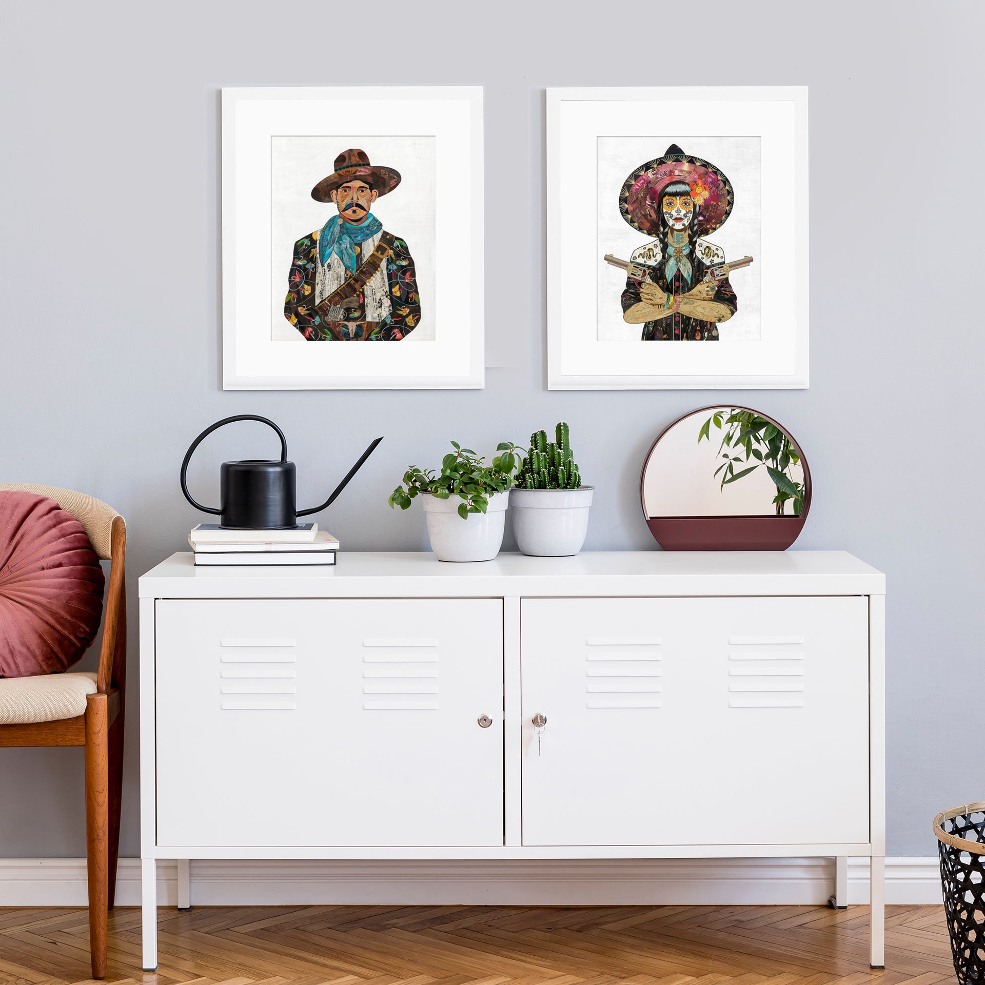 A charming set of cowboy and cowgirl art prints above a dresser showcasing the spirit of the Wild West with Southwest flair.