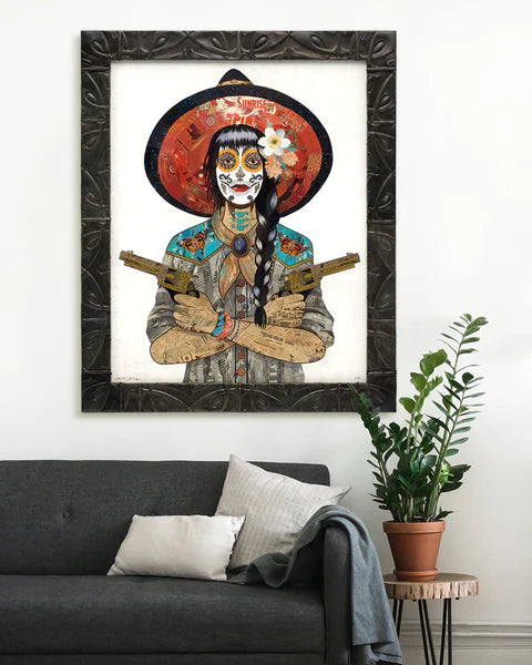 Sugar skull cowgirl original paper collage with red hat and butterfly shoulder details.