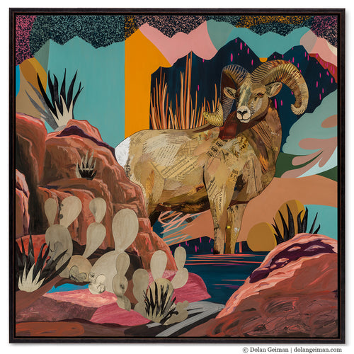 Big Horn Sheep Ram paper collage assemblage art by Denver artist Dolan Geiman