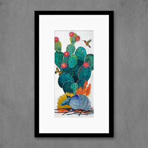 Prickly pear cactus with armadillo art by assemblage artist Dolan Geiman.