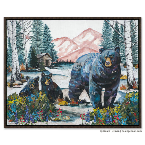 large black bear canvas print with mama bear and two cubs in aspen tree mountainscape