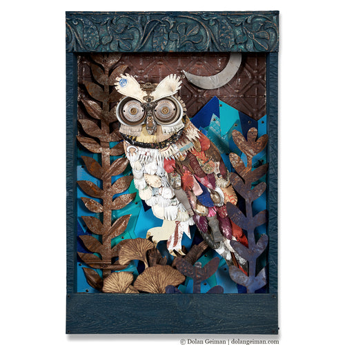 Barn owl assemblage art from upcyled materials. Made by Denver artist Dolan Geiman.