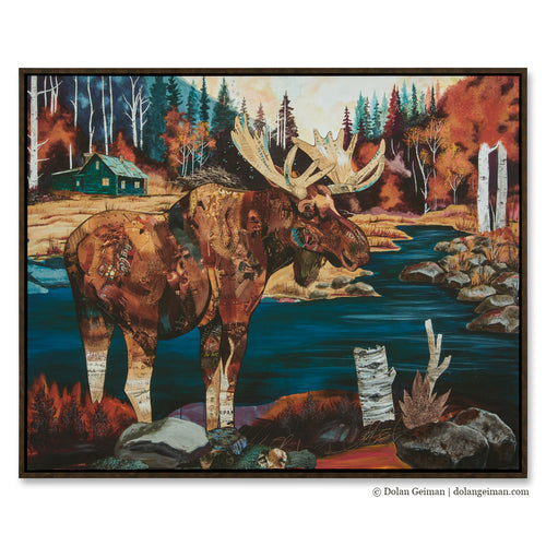 Bull moose in the mountains with cabin. Mountain Modern art by Dolan Geiman.  