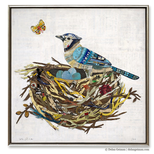 BLUE JAY IN THE NEST original mixed media wall sculpture