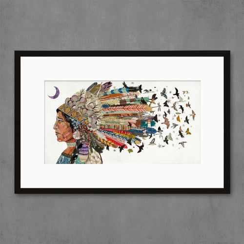 Dolan Geiman print bestseller: Native American portrait in profile with birds and butterflies flying from headdress