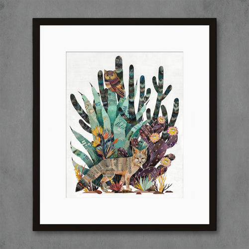 colorful desert animals art print with kit fox and owl