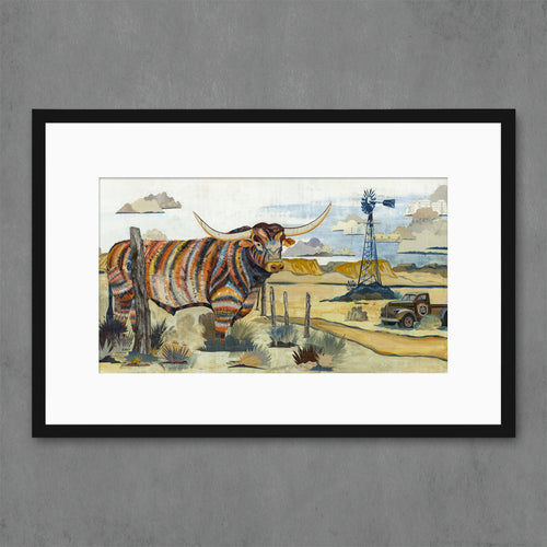 Texas oil field landscape print with longhorn and old pickup truck by Dolan Geiman