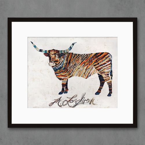 Texas longhorn art print with large bull rendered in oranges and blues