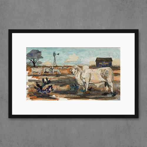 archival reproduction of original Dolan Geiman artwork featuring Brahman herd with old barn in the background. Contemporary Western cattle art combines painting in background with hand-cut paper collage
