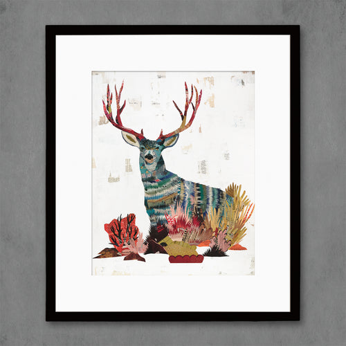 art print features a mule deer buck staring back at the viewer with modern white background