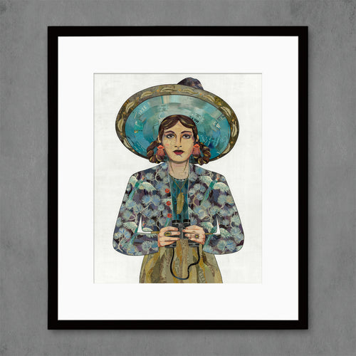 art print for the naturalist, a woman in fancy jacket holding her binoculars in the field