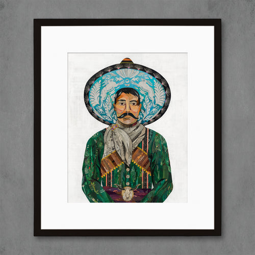 Mexican cowboy art print with emerald green shirt and skull detail on belt