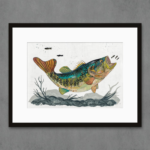 Archival print of an original paper collage featuring a large mouth bass swimming in a lake with shadows of other small fish | signed and limited edition