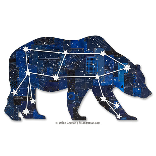 bear silhouette metal sculpture wall decor in blues and blacks with constellation stars