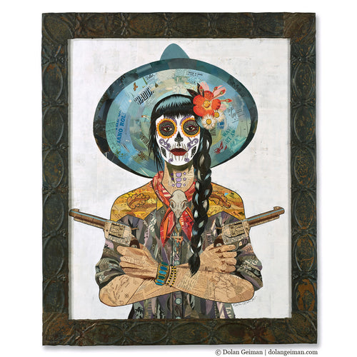 cowgirl with sugar skull make up Latin American collage portrait by Dolan Geiman