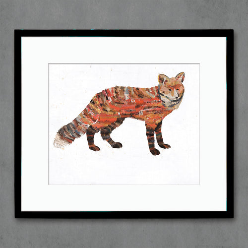 mixed media paper collage of a red fox shown in black frame  | western animal art print set