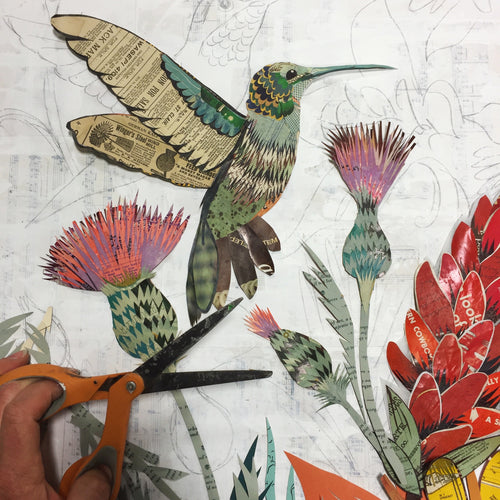 HUMMINGBIRD (WILDFLOWERS) original paper collage