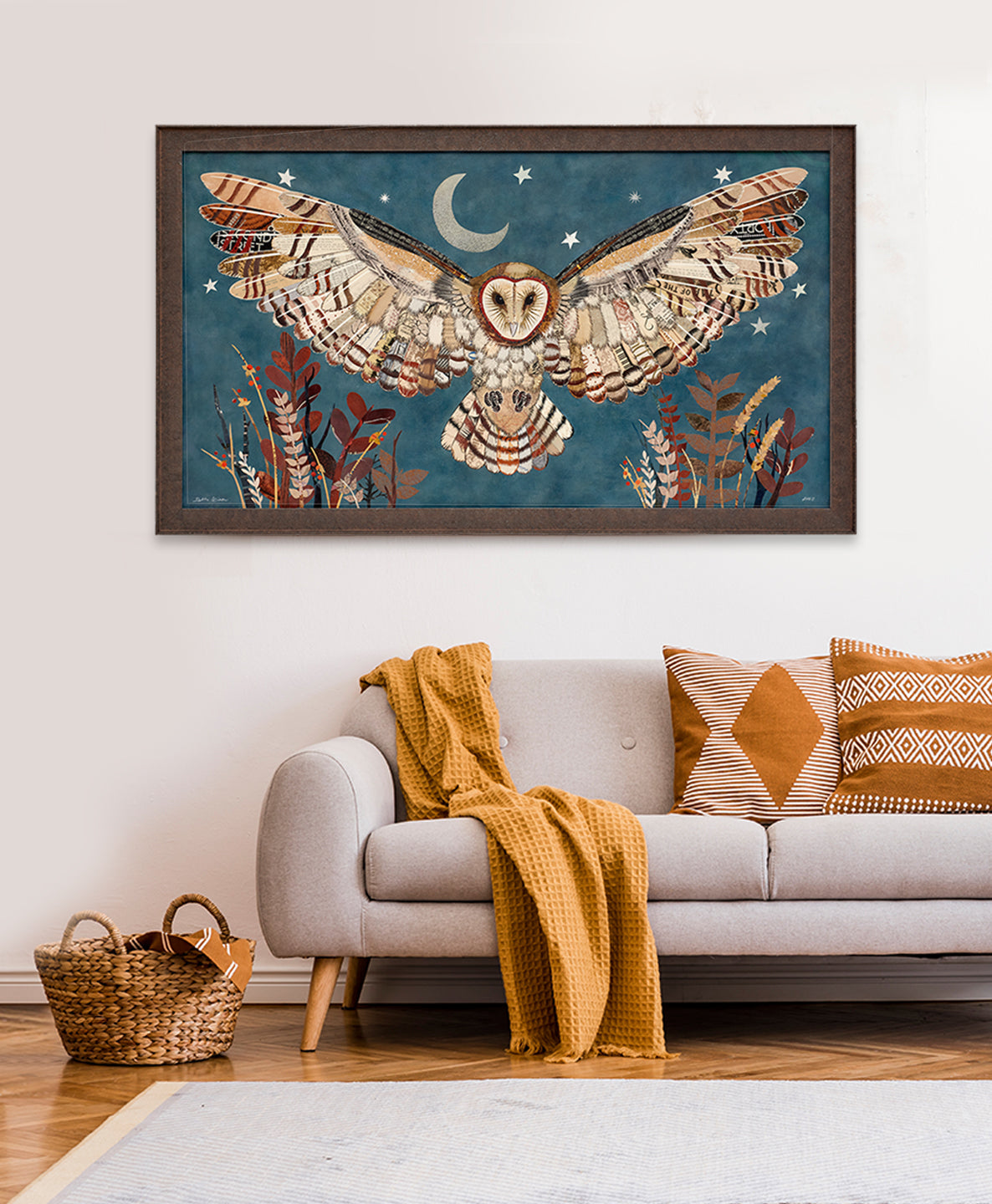 Dolan Geiman The Protector (Barn Owl) original paper collage features the striking image of an owl with wings expanded in flight against moody indigo blue backdrop. Centerpiece for the living room. 