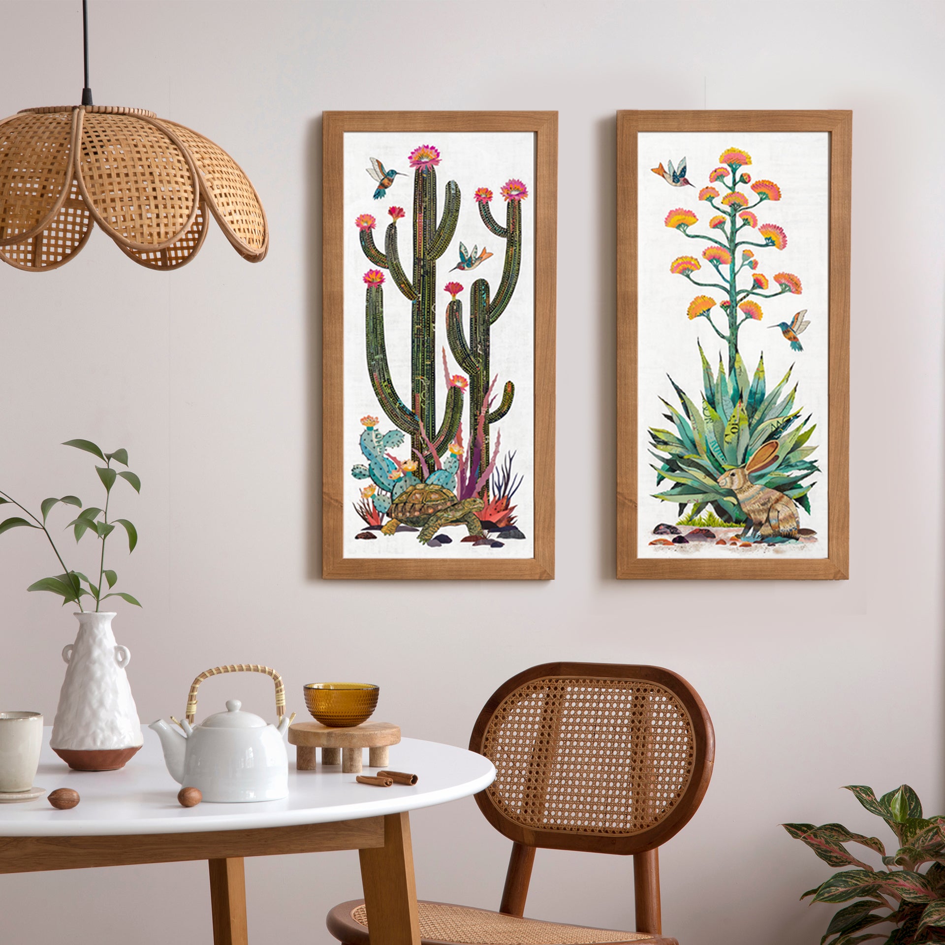 A captivating set of Southwestern collage art prints featuring elements of the desert landscape. -- cactus flora, a tortoise, and a jackrabbit -- each infused with the spirit of the Southwest. Modern desert art shown for the adobe home.