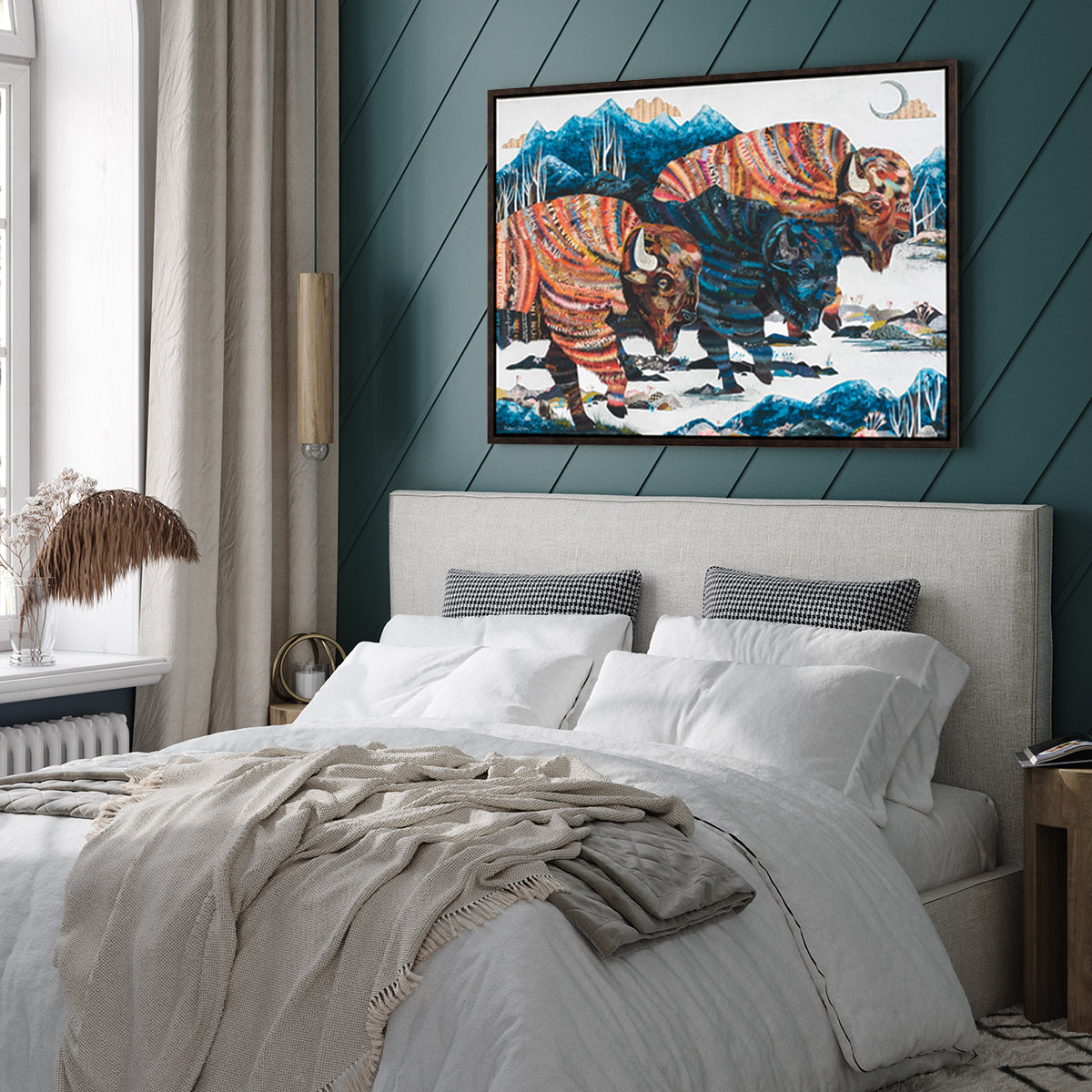Dolan Geiman Indigo Mountain canvas print depicts a vibrant bison set against a backdrop of majestic mountains. This stunning buffalo art piece makes an eye-catching centerpiece for mountain modern homes.