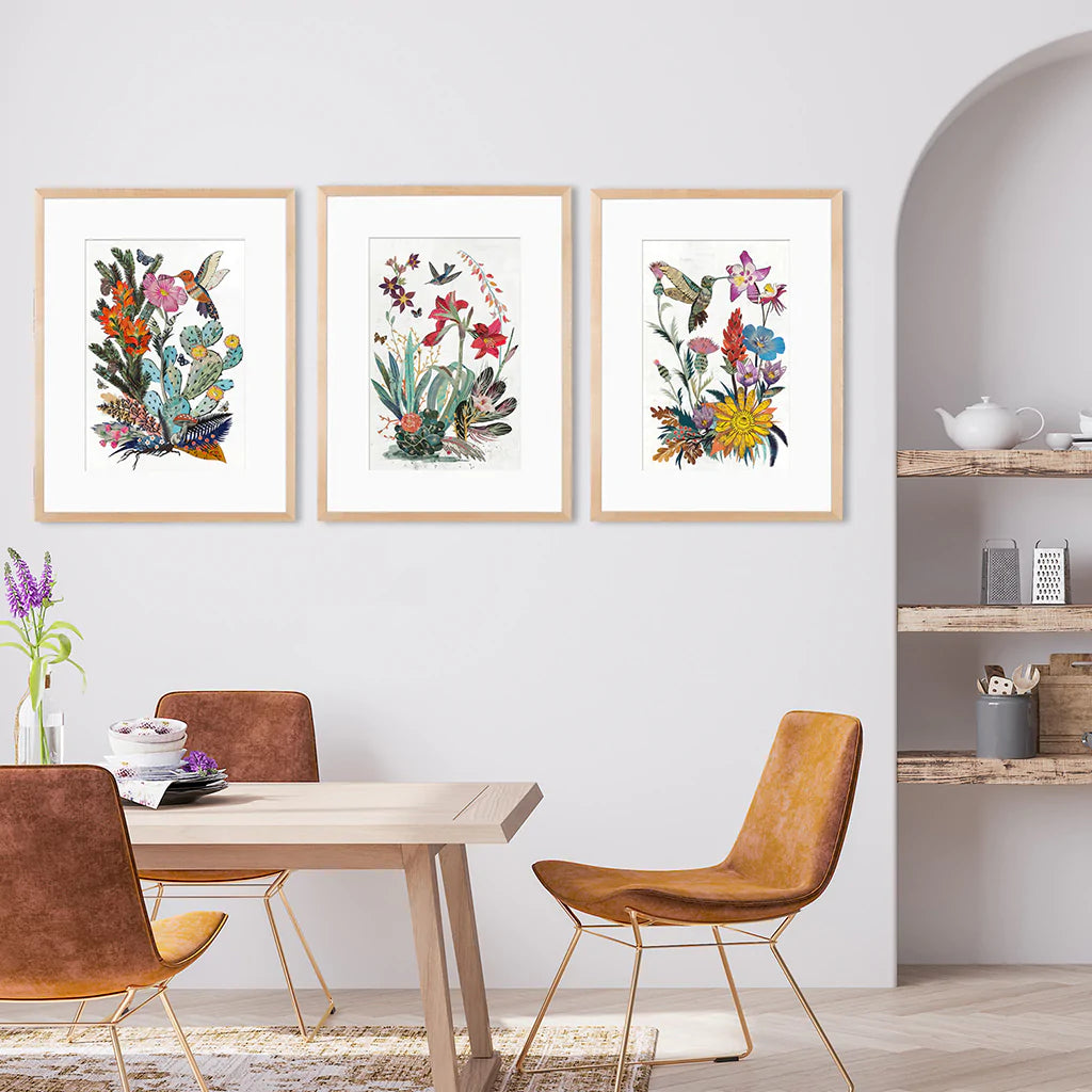 Paper prints with hummingbirds and flowers in natural wood frames