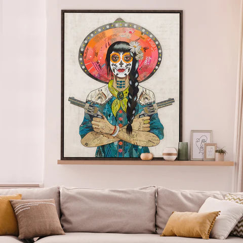a living room with Mexican cowgirl canvas art print hanging on shelf
