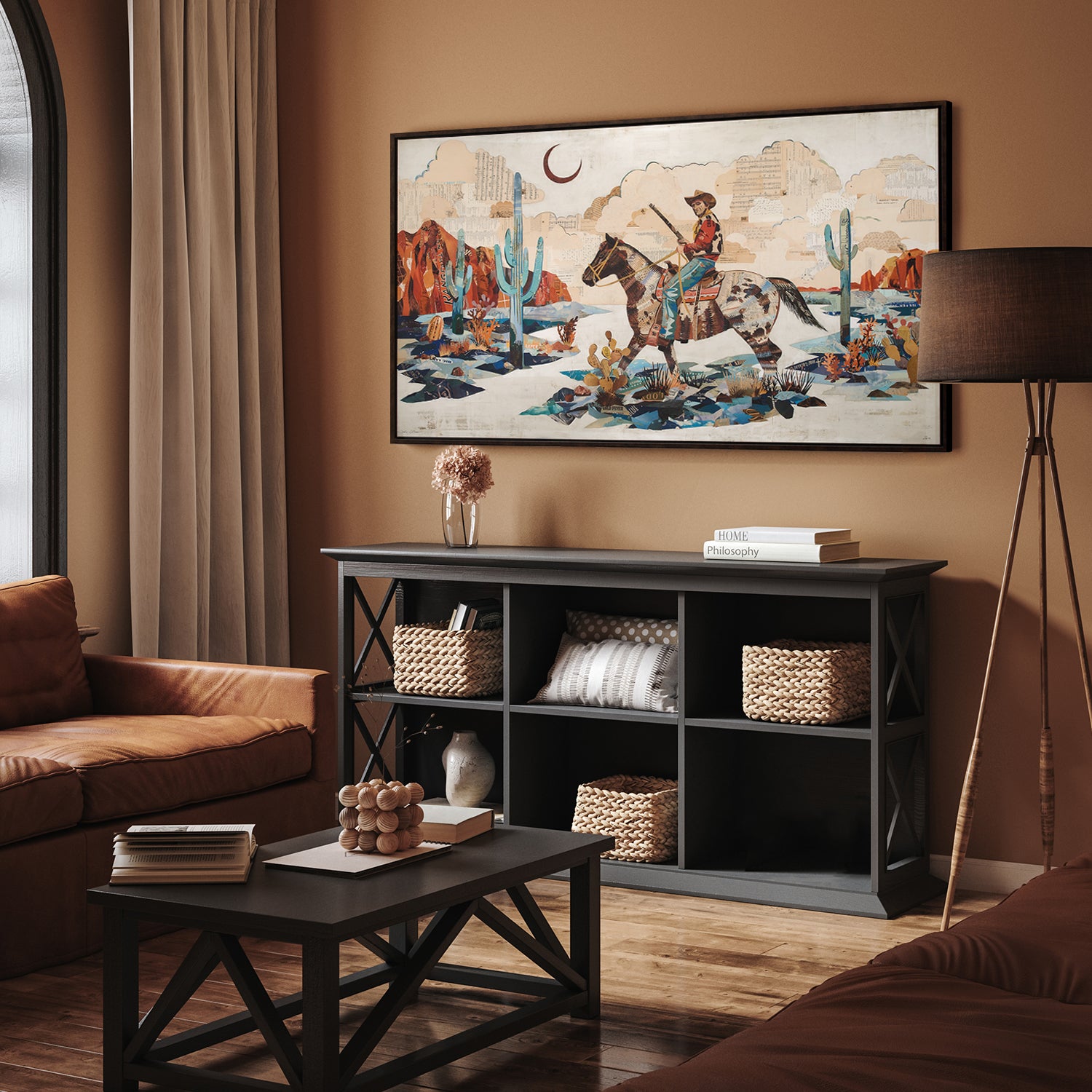 Dolan Geiman modern cowboy in desert canvas print entitled Night Scout shown in living room with brown and beige hues.