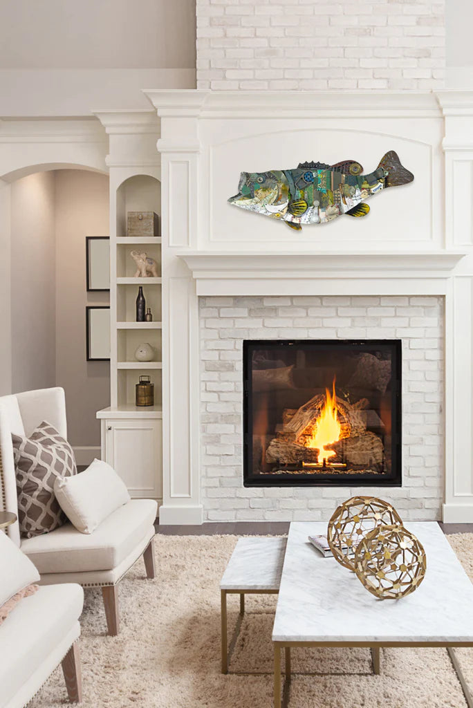 Large Mouth Bass Mixed Media Wall Sculpture above a fireplace by assemblage artist Dolan Geiman