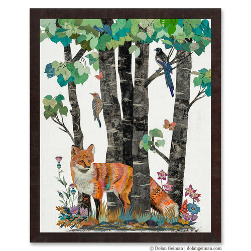 Fox in forest art by Denver collage artist Dolan Geiman.