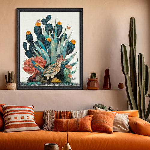 Dolan Geiman original paper collage of roadrunner with cactus shown in Southwest interior