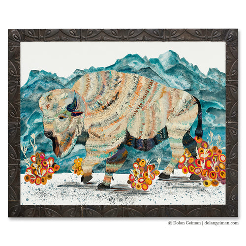Rare white buffalo collage artwork by Denver assemblage artist Dolan Geiman. 