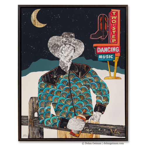 a canvas print of a cowboy leaning on fence under nighttime sky