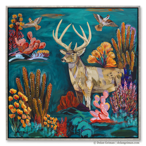 Southwestern collage art featuring a mule deer and pheasant by Dolan Geiman.