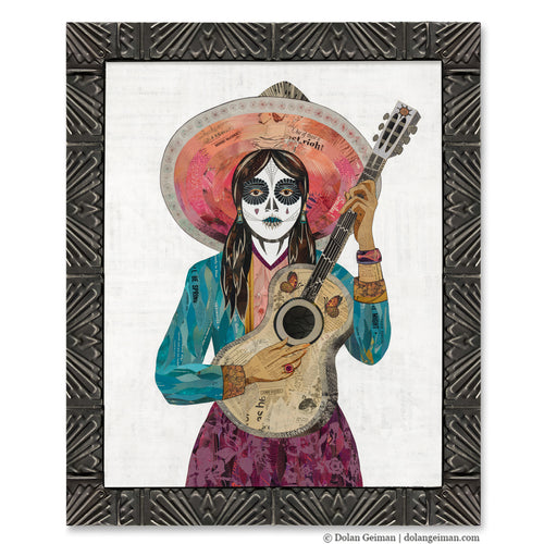 Original paper collage featuring a flamenco guitarist with sugar skull makeup. Day of the Dead/Dia de los Muertos style contemporary southwest art. 