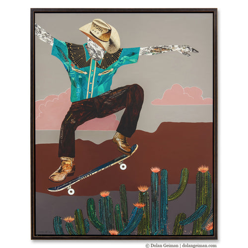 Western cowboy on a skateboard framed wall art.