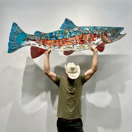CUSTOM LARGE-SCALE RAINBOW TROUT mixed media wall sculpture