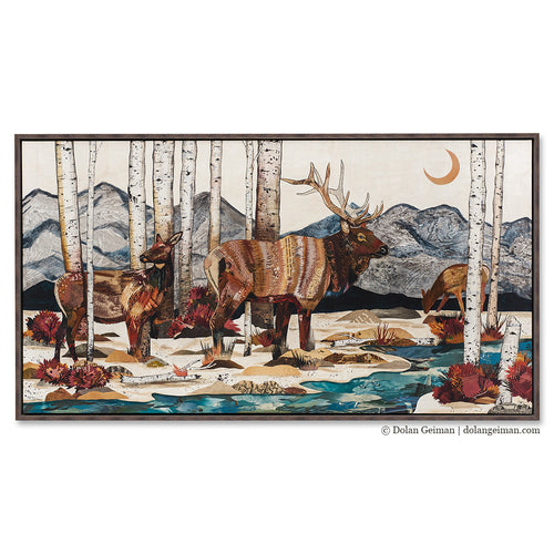 Western collage art of elk herd in aspens by Dolan Geiman