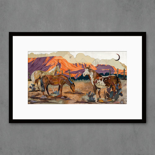 horse decor equestrian wall art print features three horses including palomino in sunset soaked desert landscape 