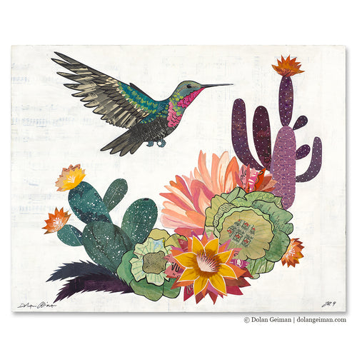 Hummingbird cactus collage artwork by Denver Artist Dolan Geiman.