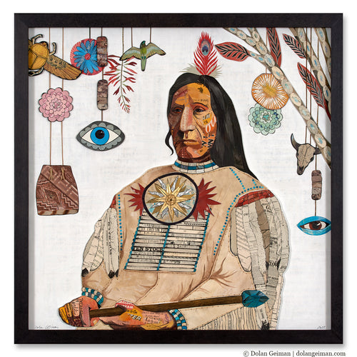 Western paper collage art of Native Americans by Denver artist Dolan Geiman.