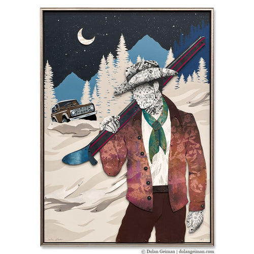 cowboy with skis and bronco mountain art by Dolan Geiman