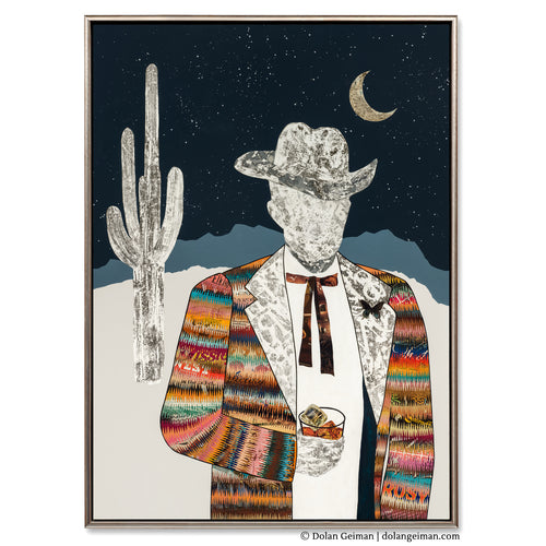 collage art of a western cowboy in the desert by Denveer artist Dolan Geiman
