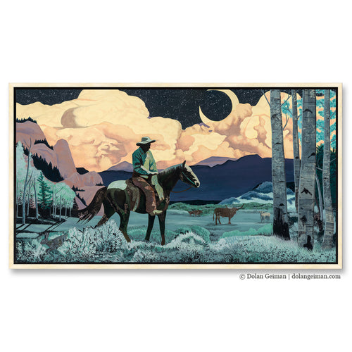 Contemporary western art of cowboy with longhorns by Denver artist Dolan Geiman. 